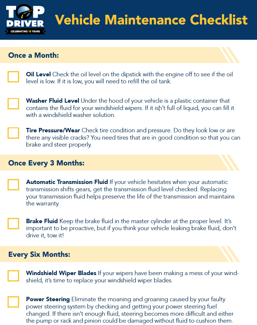 Top Driver Vehicle Maintenance Checklist. Once a month, Once every 3 months and every 6 months checklist.