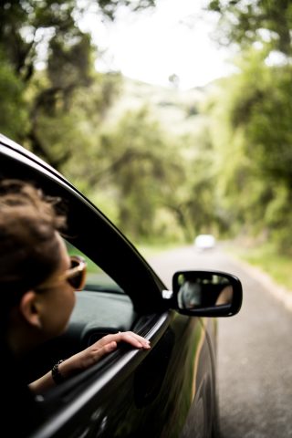 car on road with woman sticking head out passenger window